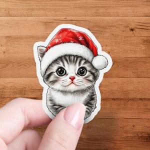 Cute Christmas Cat Sticker, Adorable Kitten in Santa Hat, Holiday Decor Stickers, Perfect Stocking Stuffer, Waterproof Stickers