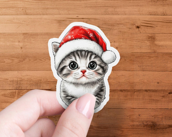 Cute Christmas Cat Sticker, Adorable Kitten in Santa Hat, Holiday Decor Stickers, Perfect Stocking Stuffer, Waterproof Stickers