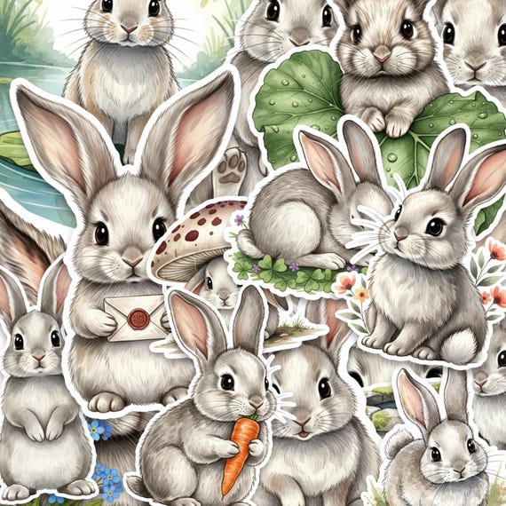 Watercolour Bunny Sticker Set – Glossy Rabbit Stickers for Journals, Laptops, Scrapbooks