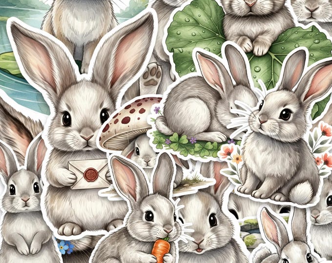 Watercolour Bunny Sticker Set – Glossy Rabbit Stickers for Journals, Laptops, Scrapbooks