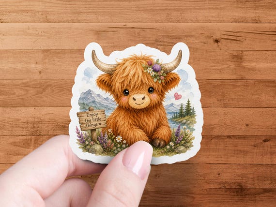 Highland Cow Glossy Vinyl Sticker: Cottagecore Die Cut Decal