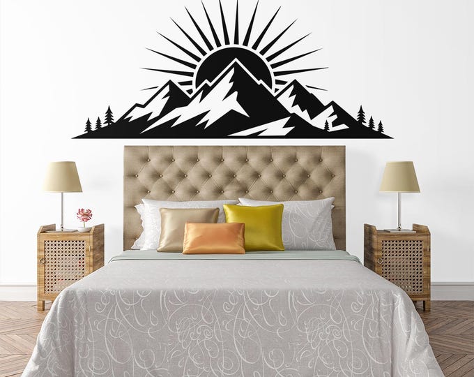 Mountain Sunrise Vinyl Decal – Minimalist Black Nature Sticker for Car, Laptop, Window and Wall | Outdoor Lover Gift & Travel Vibe Decor