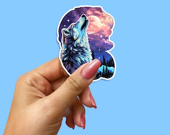 Pegatina de lobo aullador: cielo nocturno galáctico, arte animal iluminado por la luna