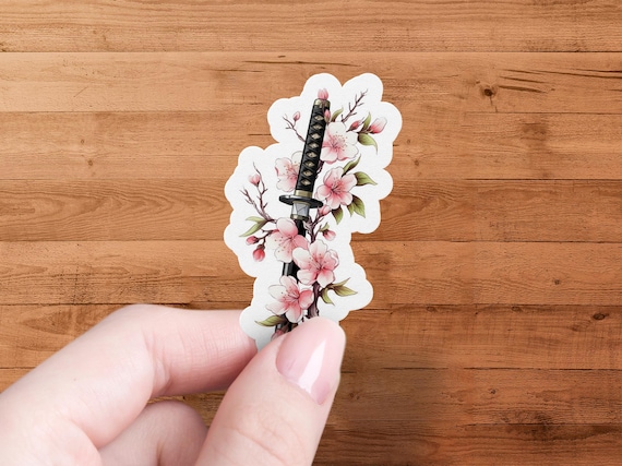 Cherry Blossom Katana Sticker – Die Cut Vinyl Samurai Sword Decal for Water Bottles & Laptops