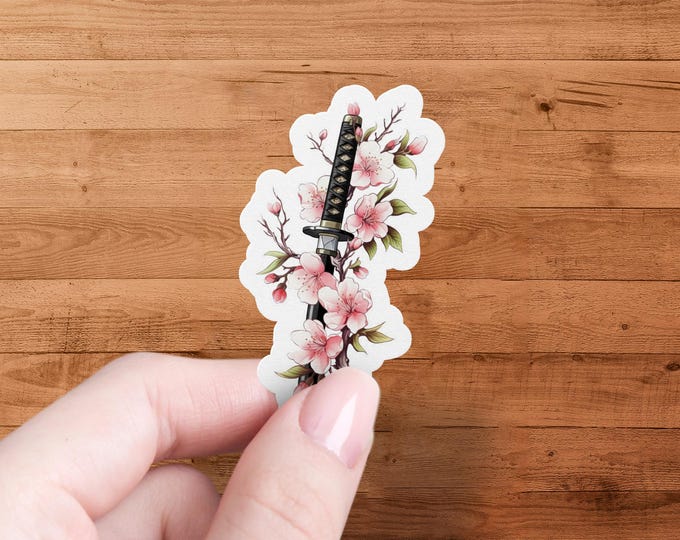 Cherry Blossom Katana Sticker – Die Cut Vinyl Samurai Sword Decal for Water Bottles & Laptops