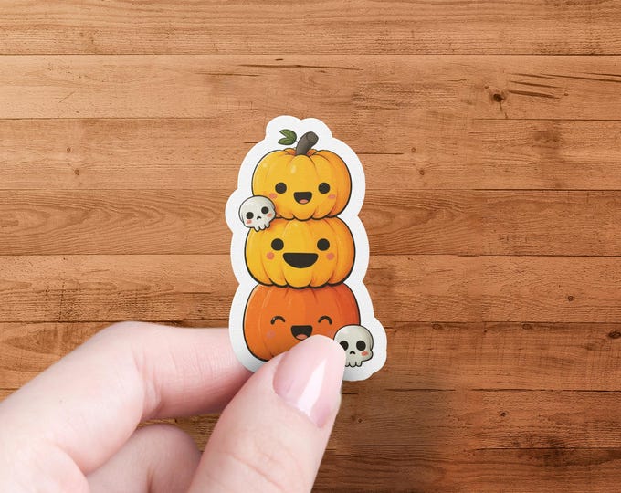 Kawaii Pumpkin Stack Sticker: Spooky Halloween Skull Art