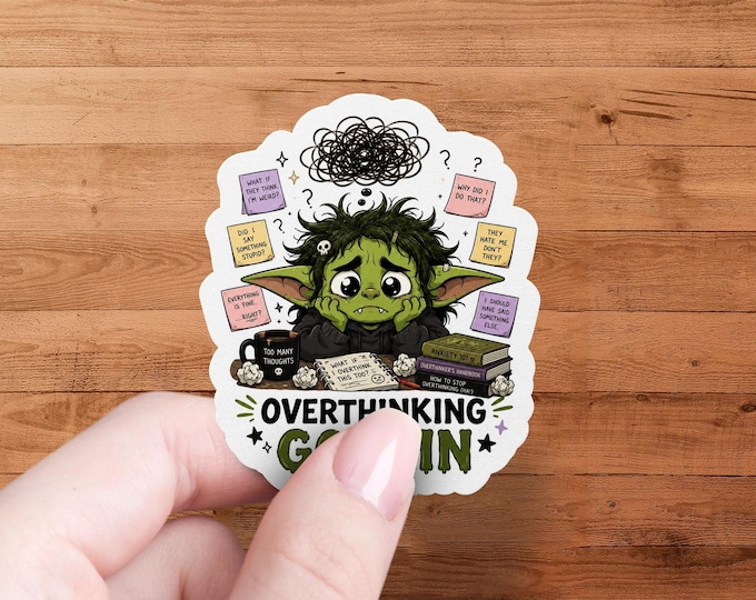 Overthinking Goblin Sticker, Funny Anxiety Vinyl Decal for Laptops