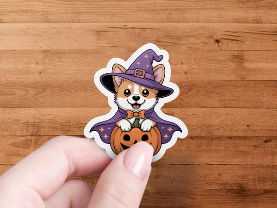 Halloween Corgi Sticker, Witch Dog Decal, Cute Pumpkin Laptop Stickers, Autumn Decor, Spooky Season Accessory, Pet Lover Gift