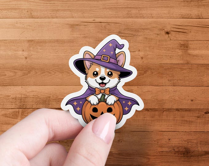 Halloween Corgi Witch Sticker, Pumpkin Laptop Decal