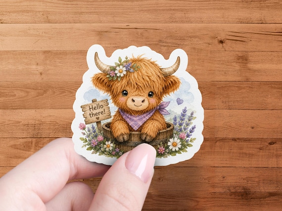 Glossy Highland Cow Sticker, Watercolor Farm Animal, Meadow Flowers, Die Cut Decal