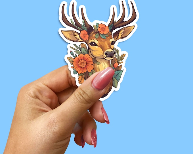 Floral Deer Sticker: Elegant Buck Vinyl Decal for Laptop or Car