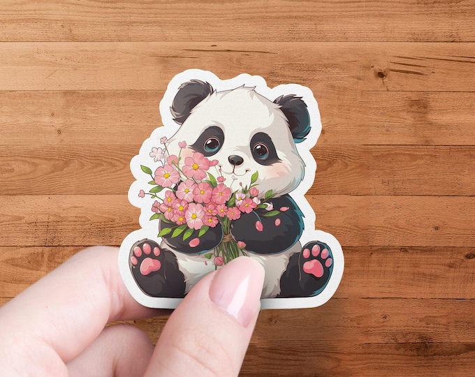 Cute Panda with Flowers Sticker, Kawaii Animal Decal