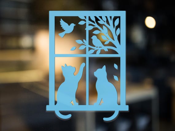 Cat and Bird Window Decal – Vinyl Silhouette for Pet Lovers, Nature Scene Wall Sticker