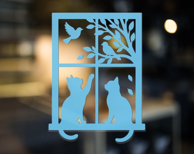 Cat and Bird Window Decal – Vinyl Silhouette for Pet Lovers, Nature Scene Wall Sticker