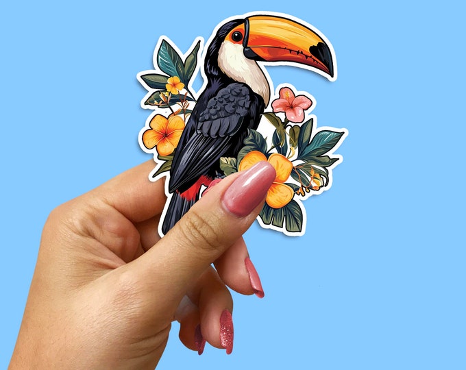 Toucan Vinyl Decal: Tropical Flower Sticker, Exotic Bird Wall Art