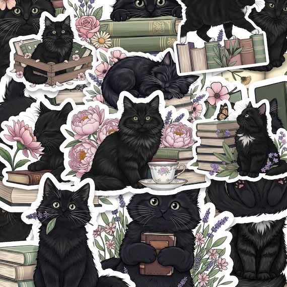 Black Cat Book Lover Sticker Pack 15pc Glossy Vinyl Floral Cat Stickers