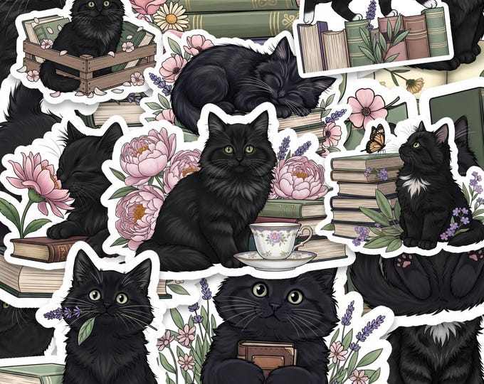 Black Cat Book Lover Sticker Pack 15pc Glossy Vinyl Floral Cat Stickers