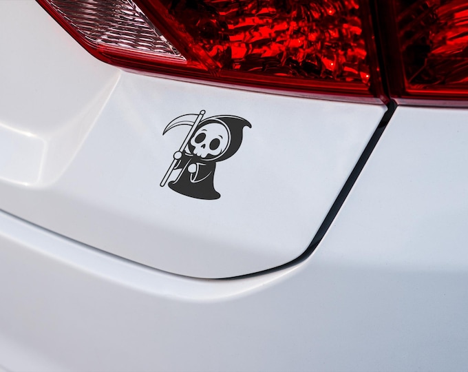 Chibi Grim Reaper Vinyl Sticker for Laptop, Car, or Hydro Flask – Cute Gothic Reaper Decal, Spooky Halloween Aesthetic Art