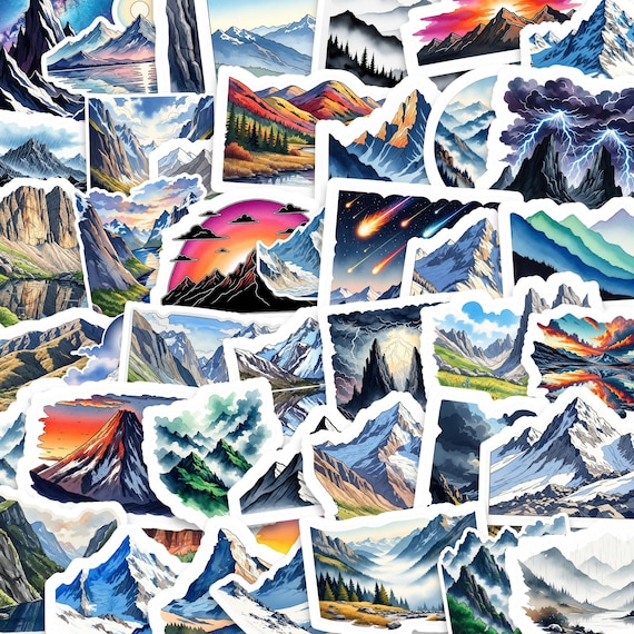 Mountain Landscape Sticker Pack, Glossy Vinyl 2 Inch Adventure Scenery Stickers (50 Pack)