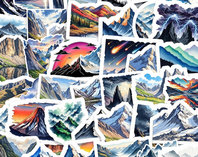 Mountain Landscape Sticker Pack, Glossy Vinyl 2 Inch Adventure Scenery Stickers (50 Pack)