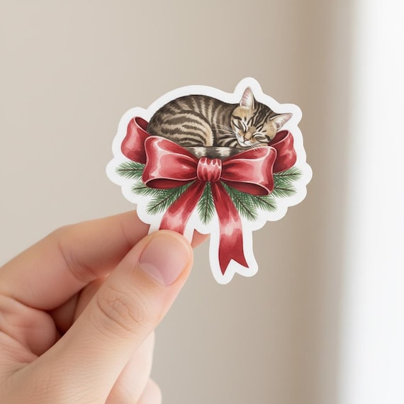 Glossy Holiday Cat Christmas Bow Sticker Pine Greenery Decal Laptop Planner Gift Wrap Art