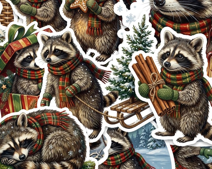 Christmas Raccoon Sticker Pack, 15 Piece 2 Inch Glossy Vinyl Woodland Winter Set