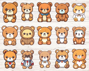 Kawaii Teddy Bear Stickers, Planner Scrapbook Decals (15-Pack, 2-inch Decals