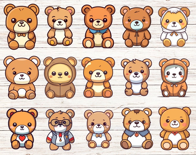 15-Pack Kawaii Teddy Bear Stickers, Cute Bear Decals for Scrapbooking, Planners, and Crafts, Adorable Bear Design, High-Quality Sticker Pack