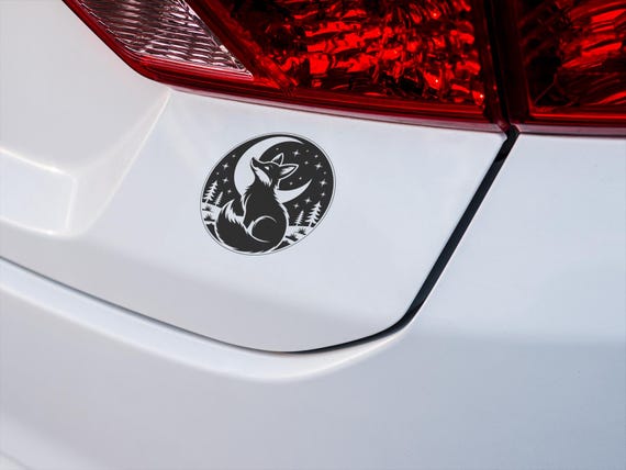 Mystical Fox Vinyl Decal – Black Moonlit Forest Sticker for Laptop, Car, or Wall | Celestial Animal Silhouette, Nature Lover Gift Idea