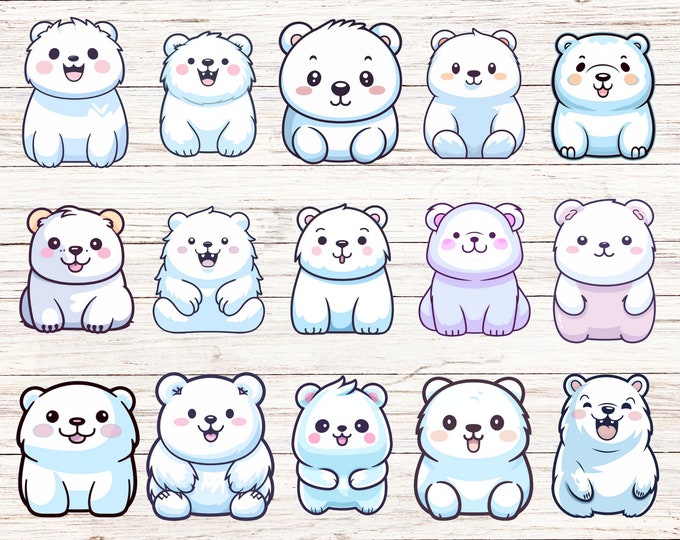 15 Pack Adorable Kawaii Polar Bear Stickers, Scrapbooking, Bullet Journals, and Crafts, Cute Animal Art, Stationery Lovers and DIY Projects