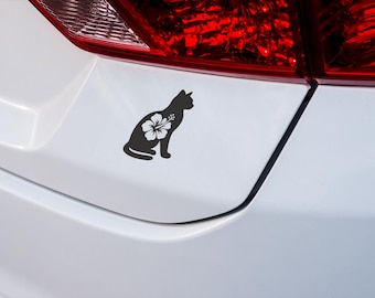 Hibiscus Cat Vinyl Decal | Animal Car Sticker | Cute Pet Car Accessory | Removable Window Decal for Cars, Bumpers, Laptops