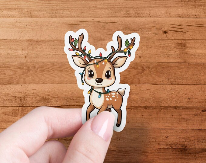 Cute Holiday Reindeer Sticker, Christmas Lights Sticker, Holiday Decoration Sticker, Die Cut Sticker, Laminated Waterproof Sticker