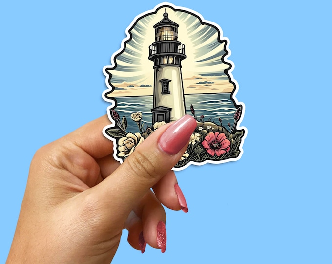 Lighthouse Sticker, Vintage Seaside, Ocean View Decal, Nautical Decor, Coastal Art, Beach Scene, Marine Emblem, Retro Beacon Illustration
