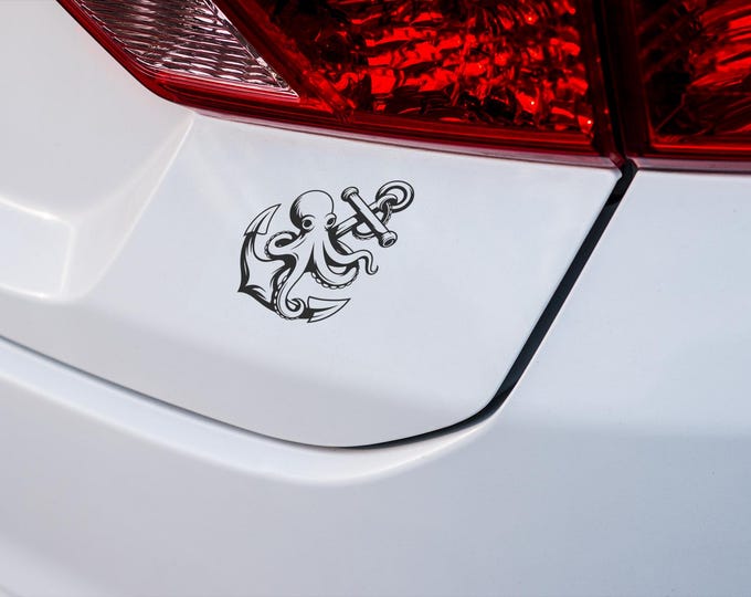 Nautical Octopus Anchor Vinyl Decal – Black and White Marine Tattoo Style Sticker for Car, Laptop, Tumbler, Cooler, Water Bottle