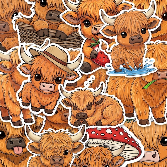 Highland Cow Sticker Pack Glossy Vinyl Kawaii Farm Animal Decals Set