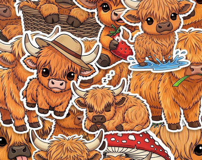 Highland Cow Sticker Pack Glossy Vinyl Kawaii Farm Animal Decals Set