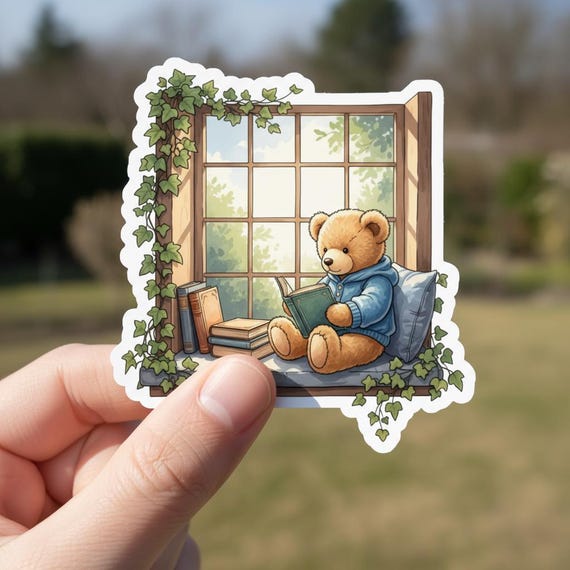 Glossy Teddy Bear Reading Sticker – Cozy Bookish Vinyl Cottage Window Decal