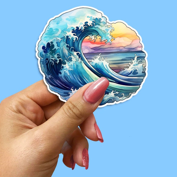 Watercolour Pastel Ocean Wave Sticker - Unique Laptop Decal - Aesthetic Journal Embellishment - Waterproof Surf Art Sticker