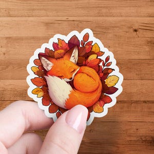 Cute Sleeping Fox Sticker, Autumn Leaves Fox Decal, Adorable Animal Art, Woodland Creature Vinyl, Fall Season Sticker, Gift for Friends