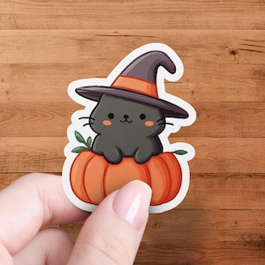 Sticker chat Halloween, chapeau de sorcière, citrouille, autocollant kawaii mignon, autocollant chat noir, autocollants automne, autocollants automne, vinyle autocollant