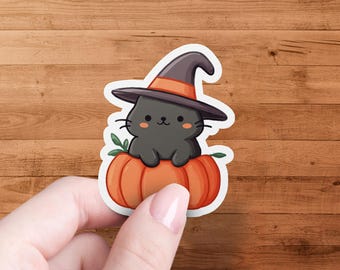 Kawaii kat sticker halloween, heksenhoed, pompoen, herfstdecor