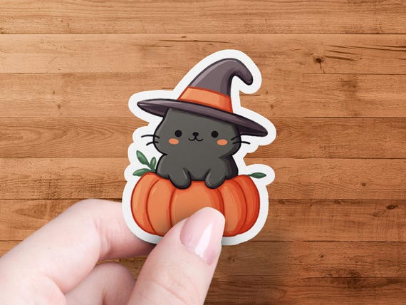 Halloween Cat Sticker, Witch Hat, Pumpkin Sticker, Cute Kawaii Sticker, Black Cat Sticker, Autumn Stickers, Fall Stickers, Vinyl Sticker