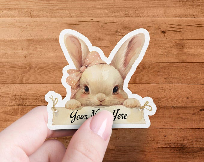 Customizable Cute Bunny Holding Sign Sticker, Personalized Name Sticker, Perfect for Laptops Water Bottles and Notebooks