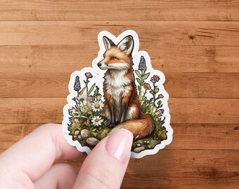 Söt rävklistermärke, blommig skogsdjursillustration