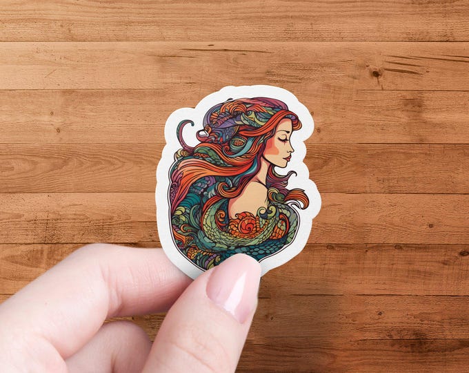 Artistic Mermaid Sticker, Colorful Mermaid Hair, Fantasy Ocean Art, Watercolor Sea Maiden, Vibrant Mermaid Design, Laptop Decal