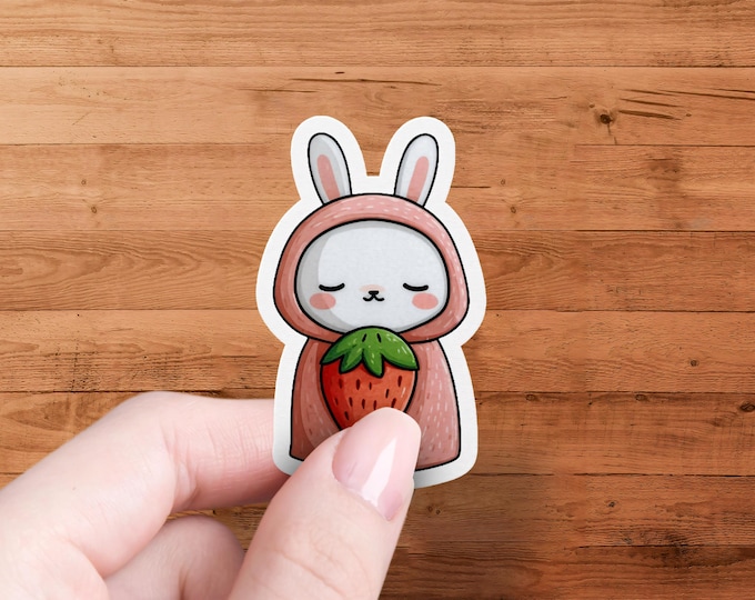 Kawaii Bunny Rabbit Strawberry Costume Sticker - Animal Laptop Planner Decal Gift for Kids Girls
