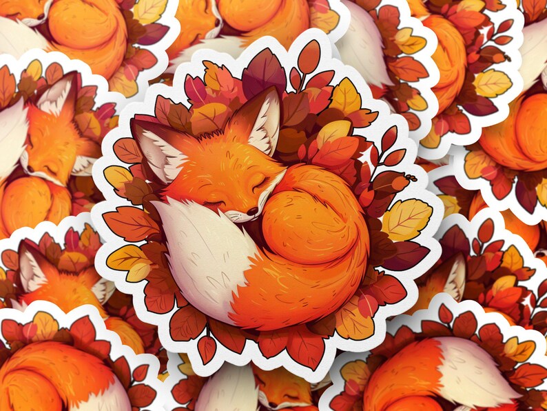 Sleeping Fox Sticker, Autumn Leaves Decal, Woodland Animal Art - Etsy