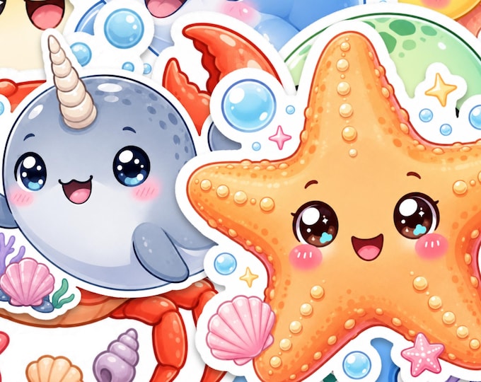 Kawaii Ocean Animal Glossy Sticker Pack: 10 Piece 2 Inch Sea Creature Designs