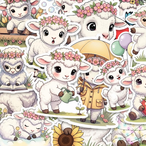 Lamb Sticker Pack Glossy Waterproof Kawaii Animal Vinyl 15 Piece Set