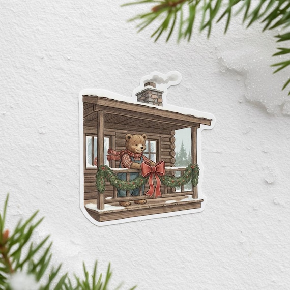 Christmas Bear Sticker: Cozy Cabin Winter Scene Vinyl Decal